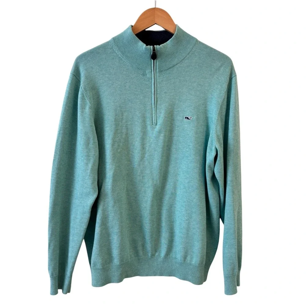 Vineyard Vines Mens 1/4 Zip Polo Sweater Size M Teal Whale Logo Preppy